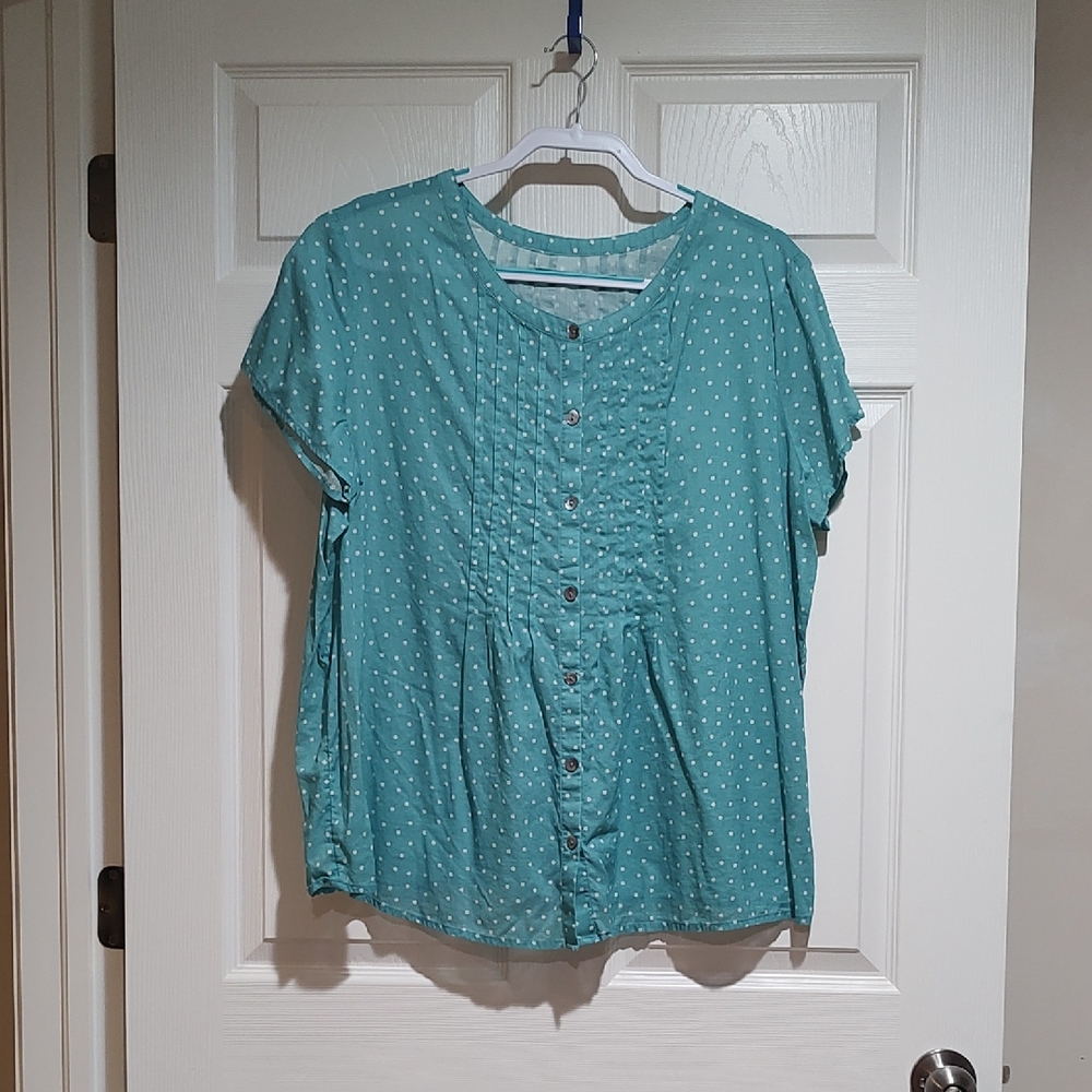 Gudrun Sjoden Teal Button-Up Blouse with White Dots